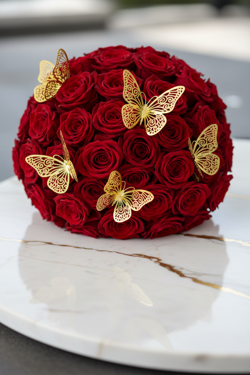 25 Red Rose Bouquet with Gold Butterflies