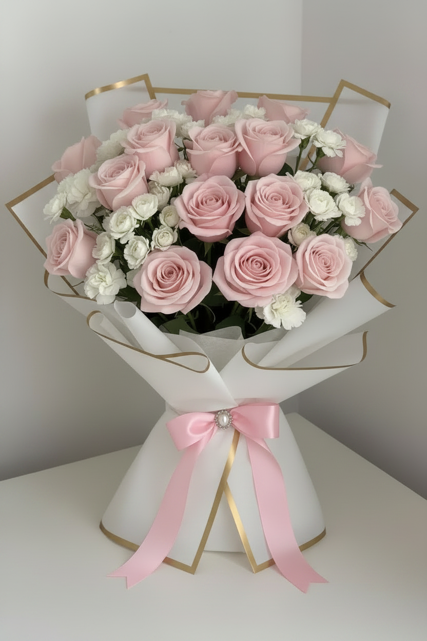Pink Roses & White Sprays