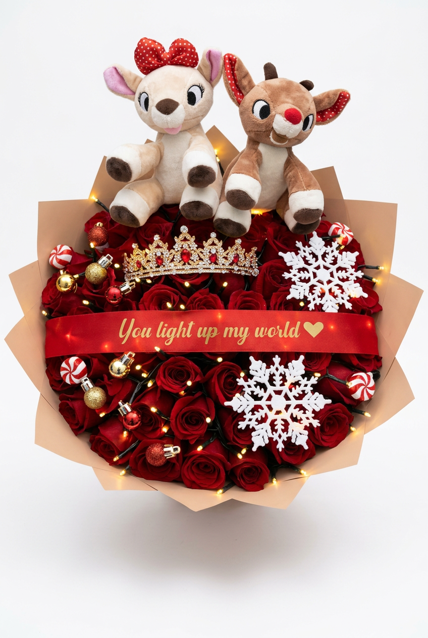 Christmas red rose bouquet with two plush reindeer, warm lights, snowflake accents, crown and red ribbon against a white background