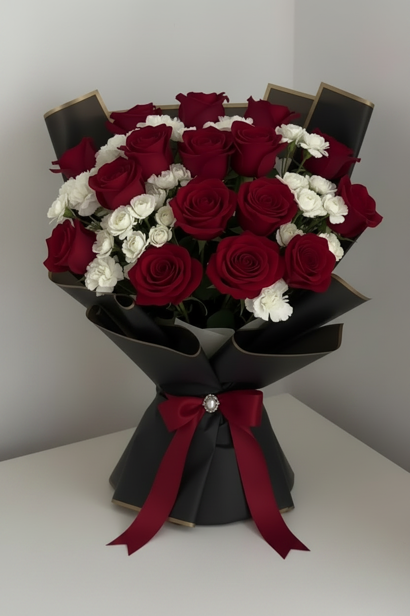 Red Rose & White Spray Rose Bouquet