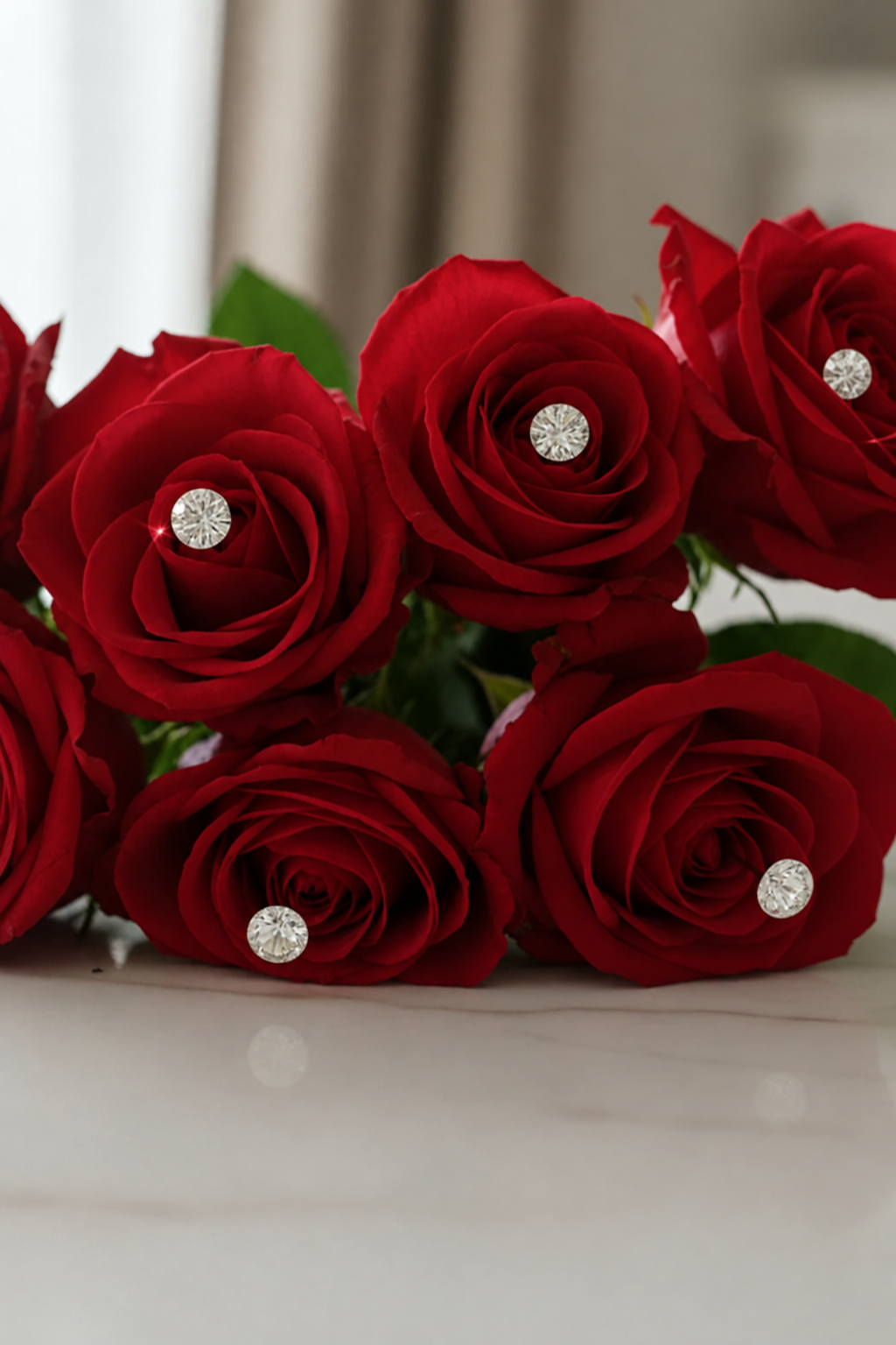 Edited red roses with one diamond pin per rose
