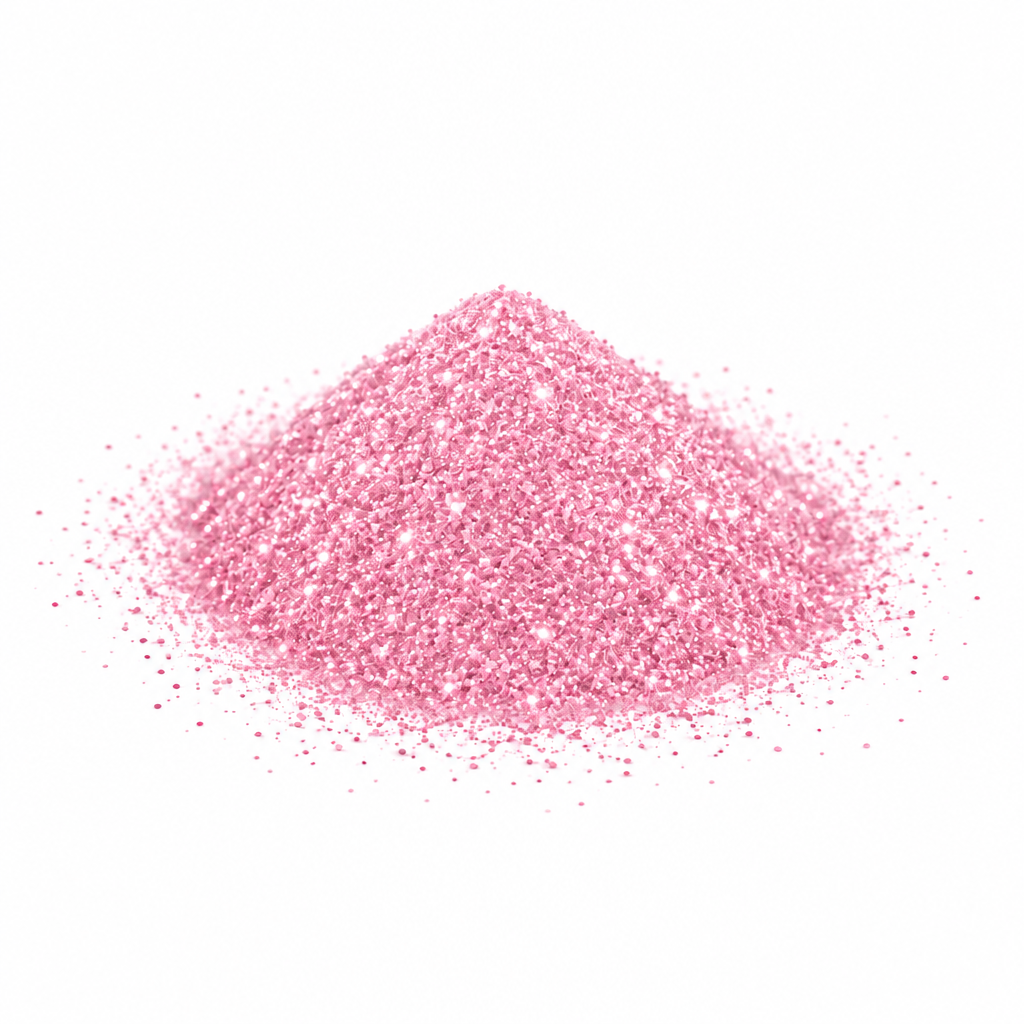 Fine light pink glitter on a white studio background