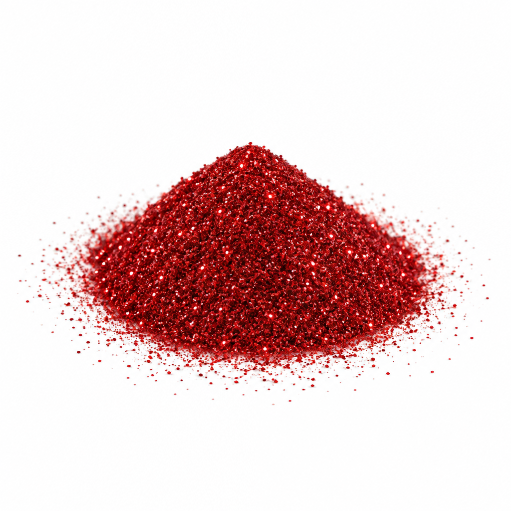 Fine red glitter on a white studio background