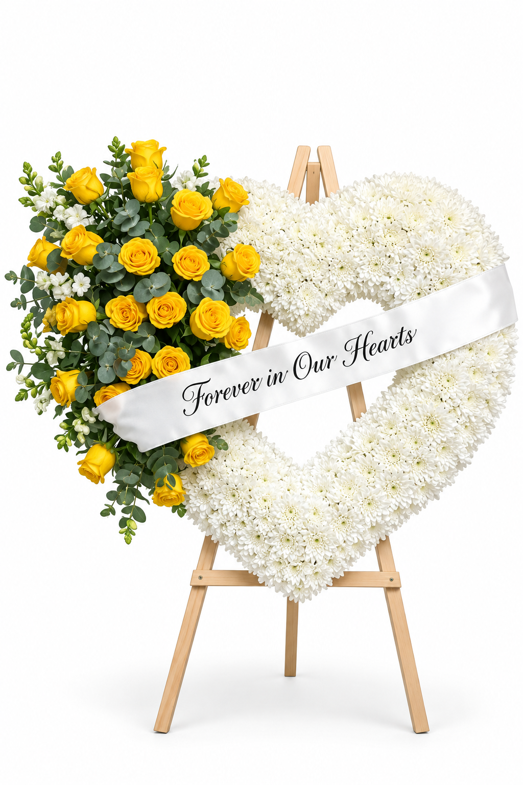 Floral heart arrangement on a white studio background