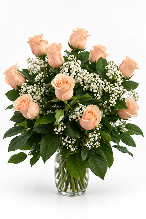 Peach rose arrangement on a white studio background