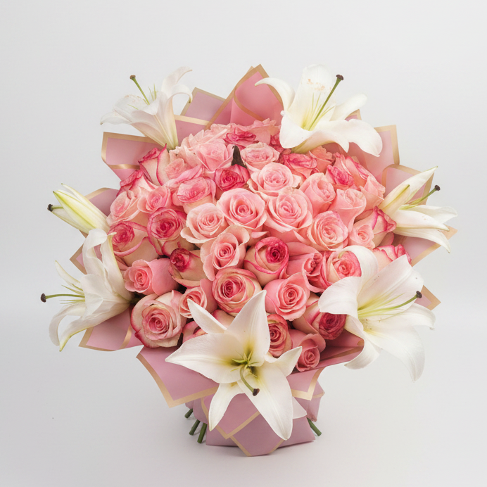 Pink Roses & Lilies Bouquet - Studio Background