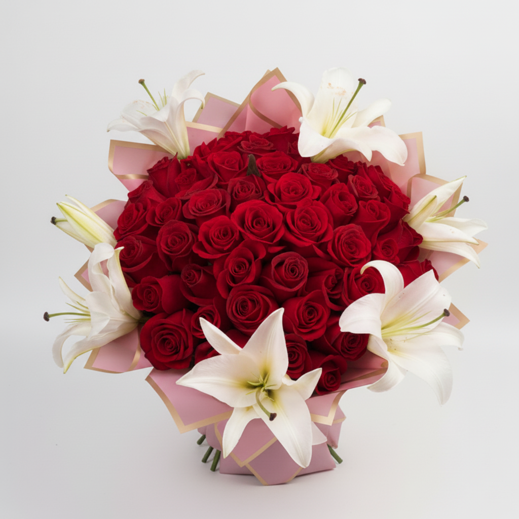 Red Roses & White Oriental Lilies Bouquet
