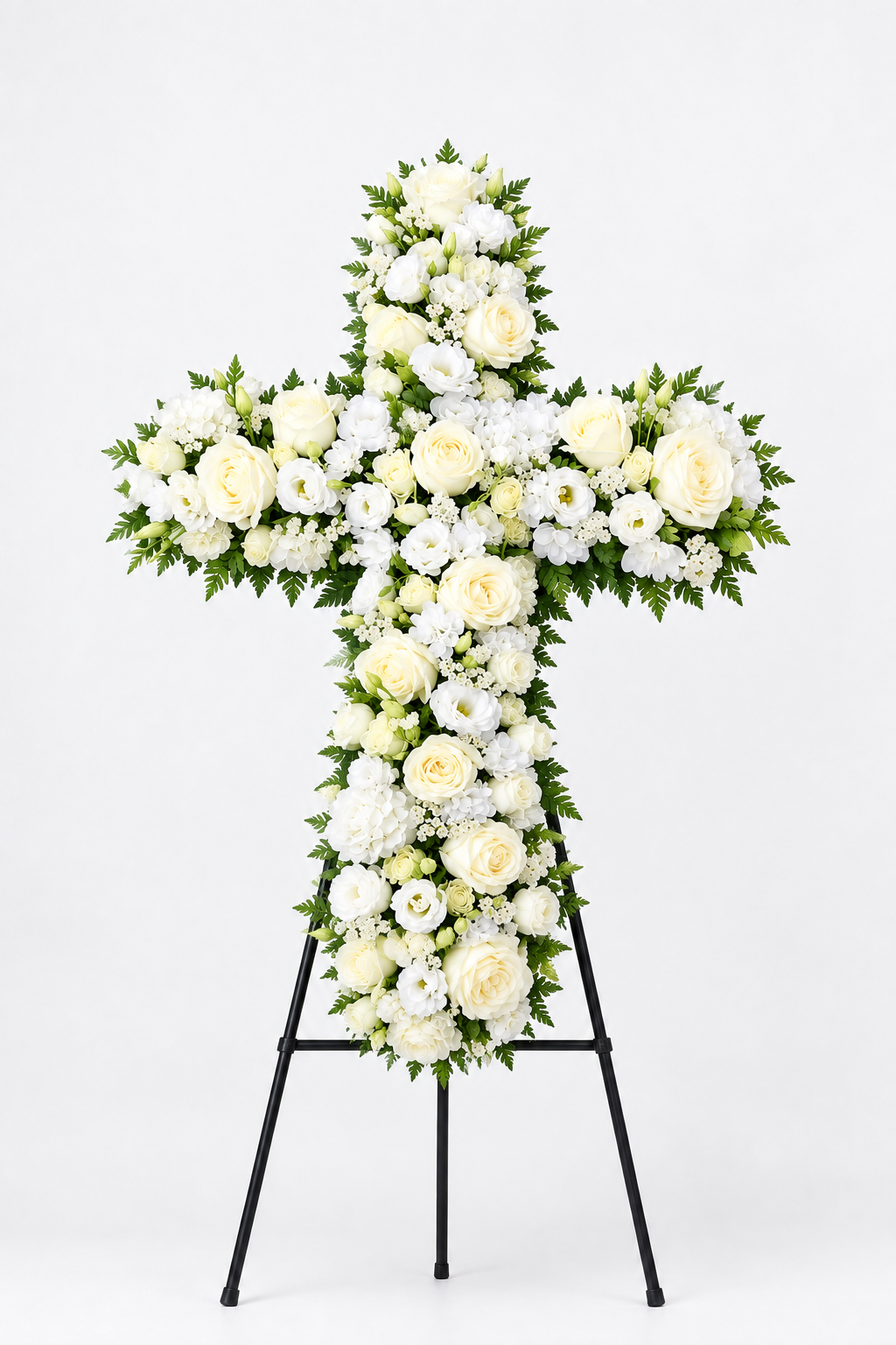 Shorter white floral cross on a studio stand