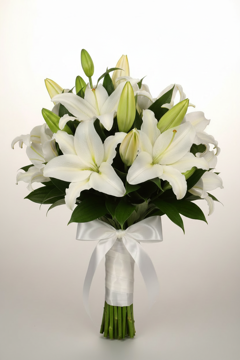 White Lily Bridal Bouquet - Stamen Free